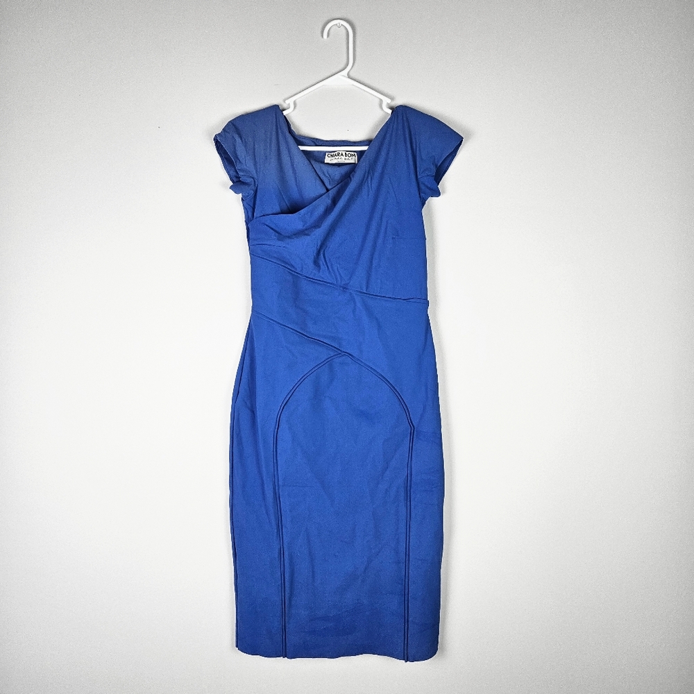 Chiara Boni Structured Blue Cap Sleeve Midi Dress